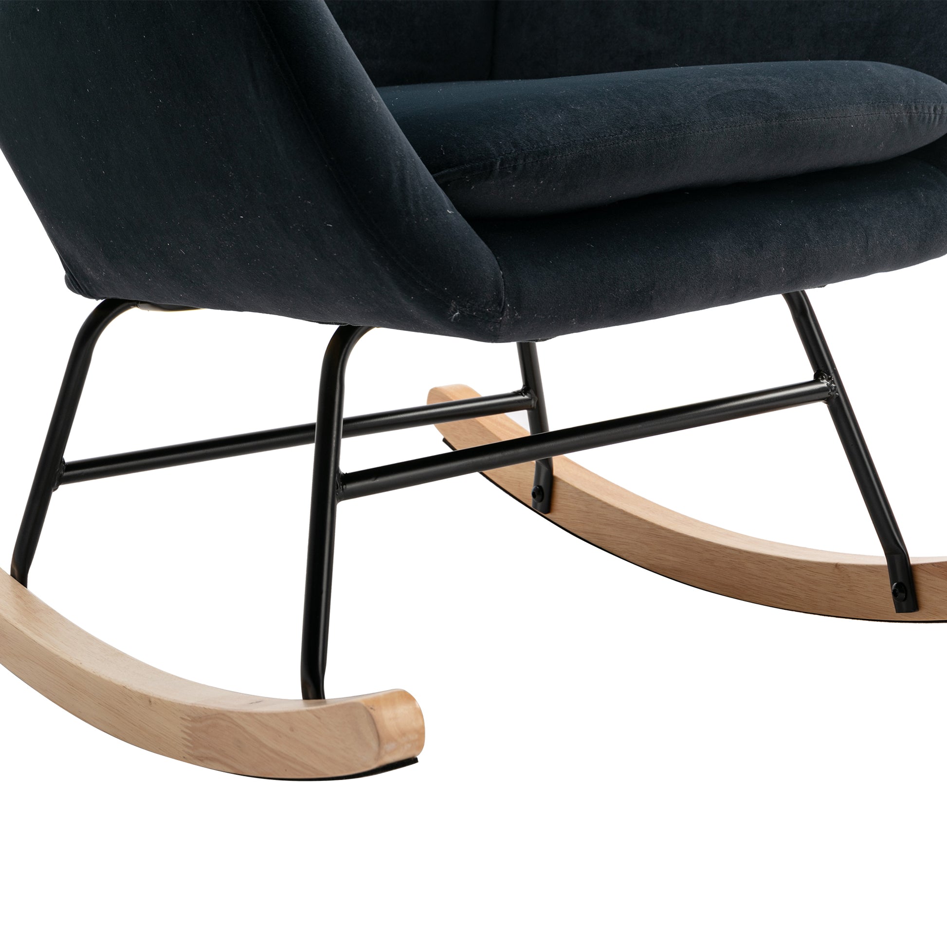 Velvet Fabric Padded Seat Rocking Chair With High Backrest And Armrests Black Foam Upholstered