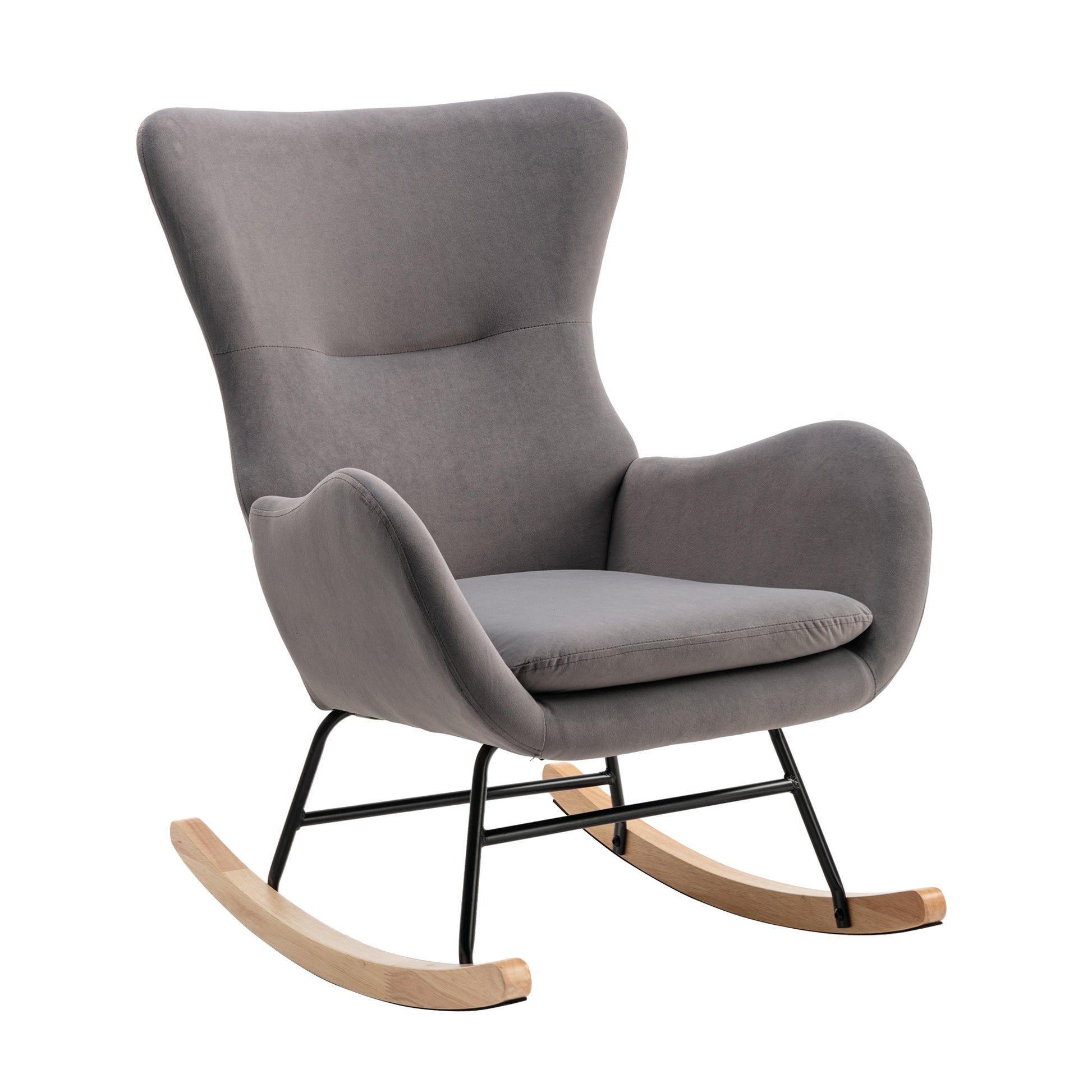 Velvet Fabric Padded Seat Rocking Chair With High Backrest And Armrests Dark Grey Foam Upholstered