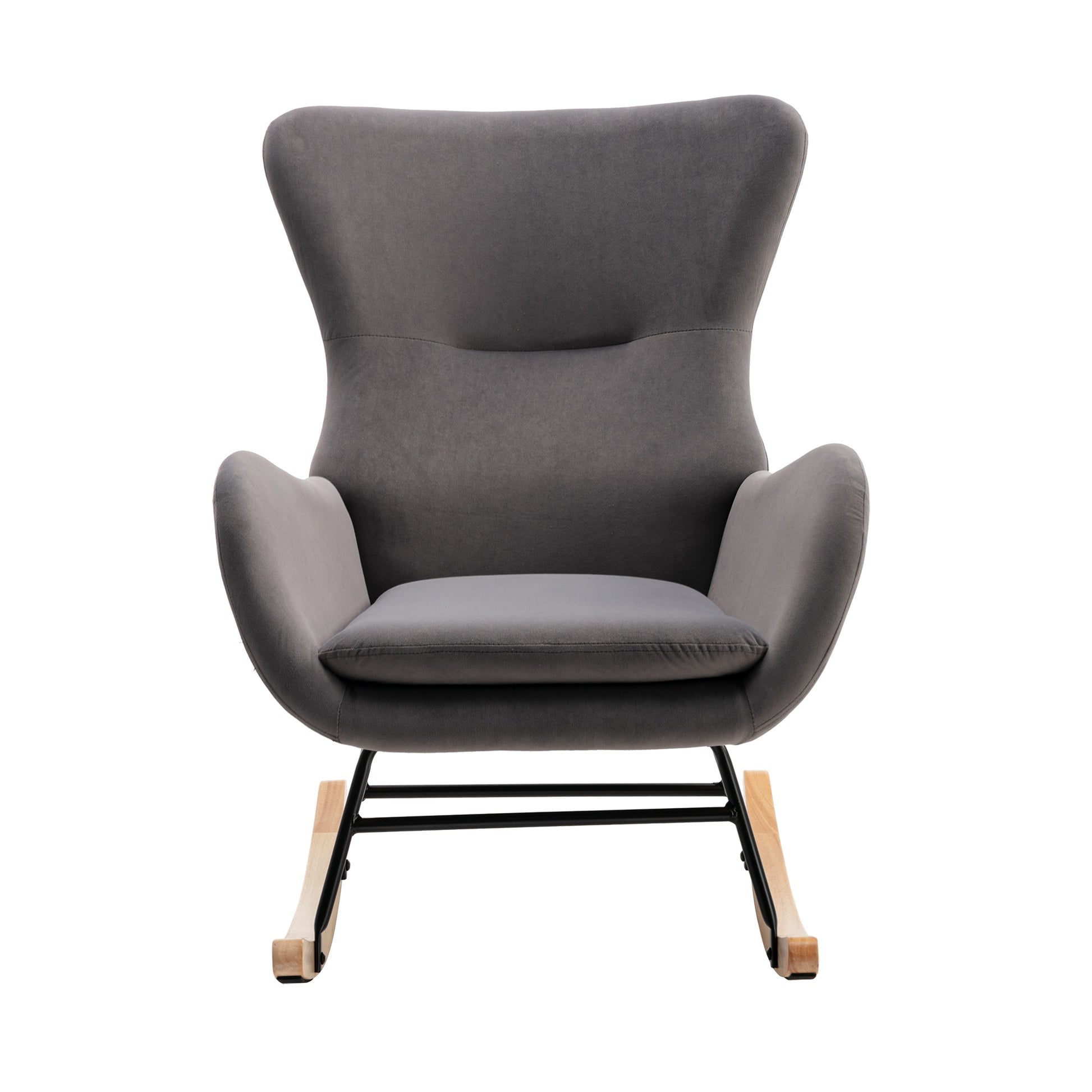 Velvet Fabric Padded Seat Rocking Chair With High Backrest And Armrests Dark Grey Foam Upholstered