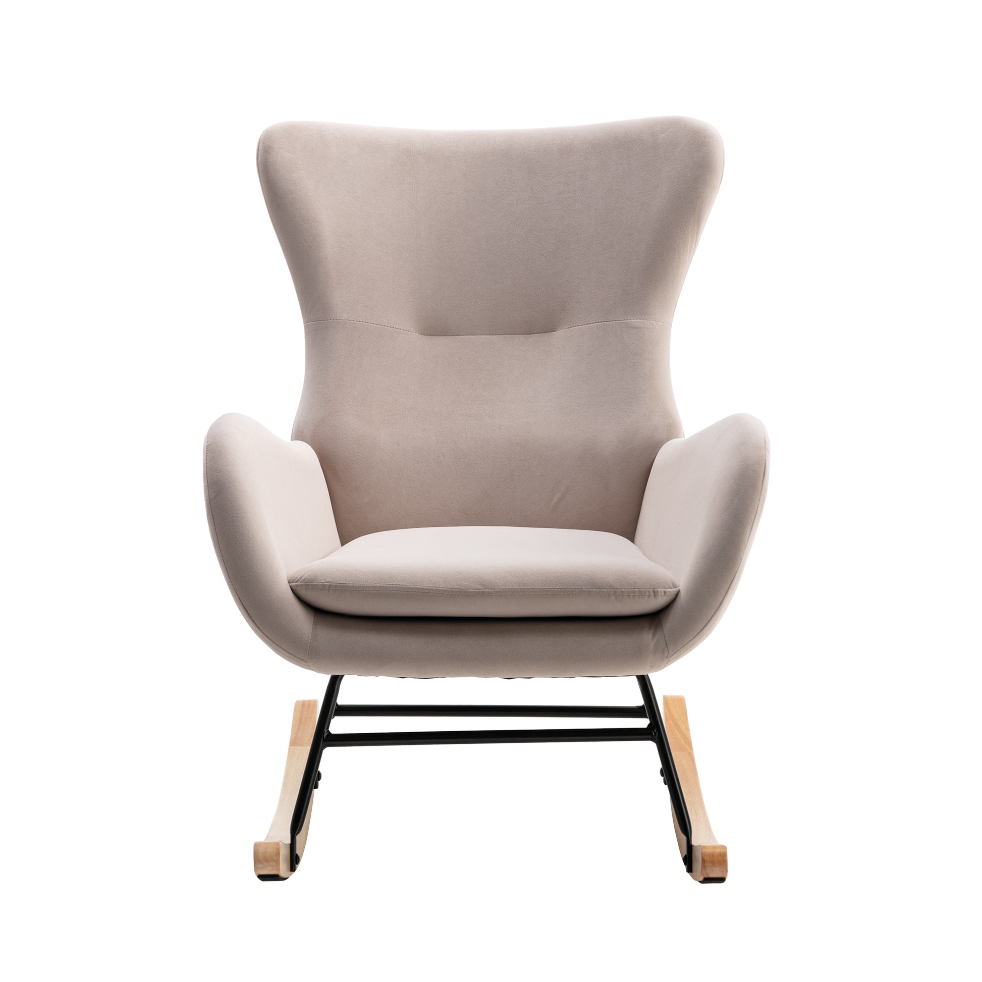Velvet Fabric Padded Seat Rocking Chair With High Backrest And Armrests Beige Foam Upholstered