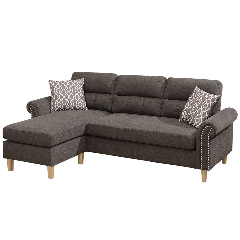 Tan Color Polyfiber Reversible Sectional Sofa Set Chaise Pillows Plush Cushion Couch Nailheads Tan Velvet Wood Primary Living Space Cushion Back Contemporary,Modern L Shaped Rolled Arms Fabric 4 Seat