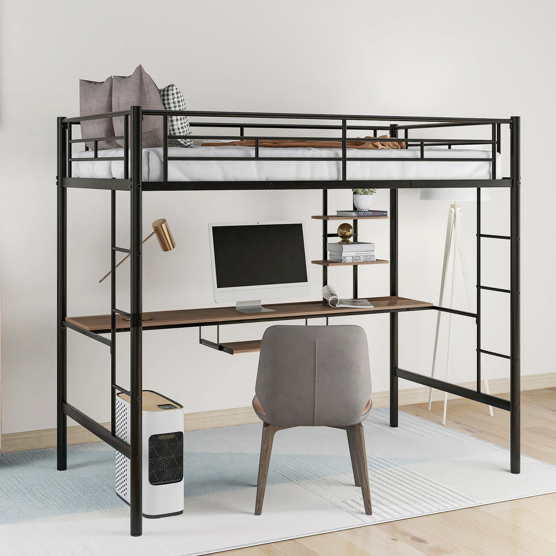 Loft Bed With Desk And Shelfspace Saving Design,Twin Old Sku:Mf193081Aab Black Metal