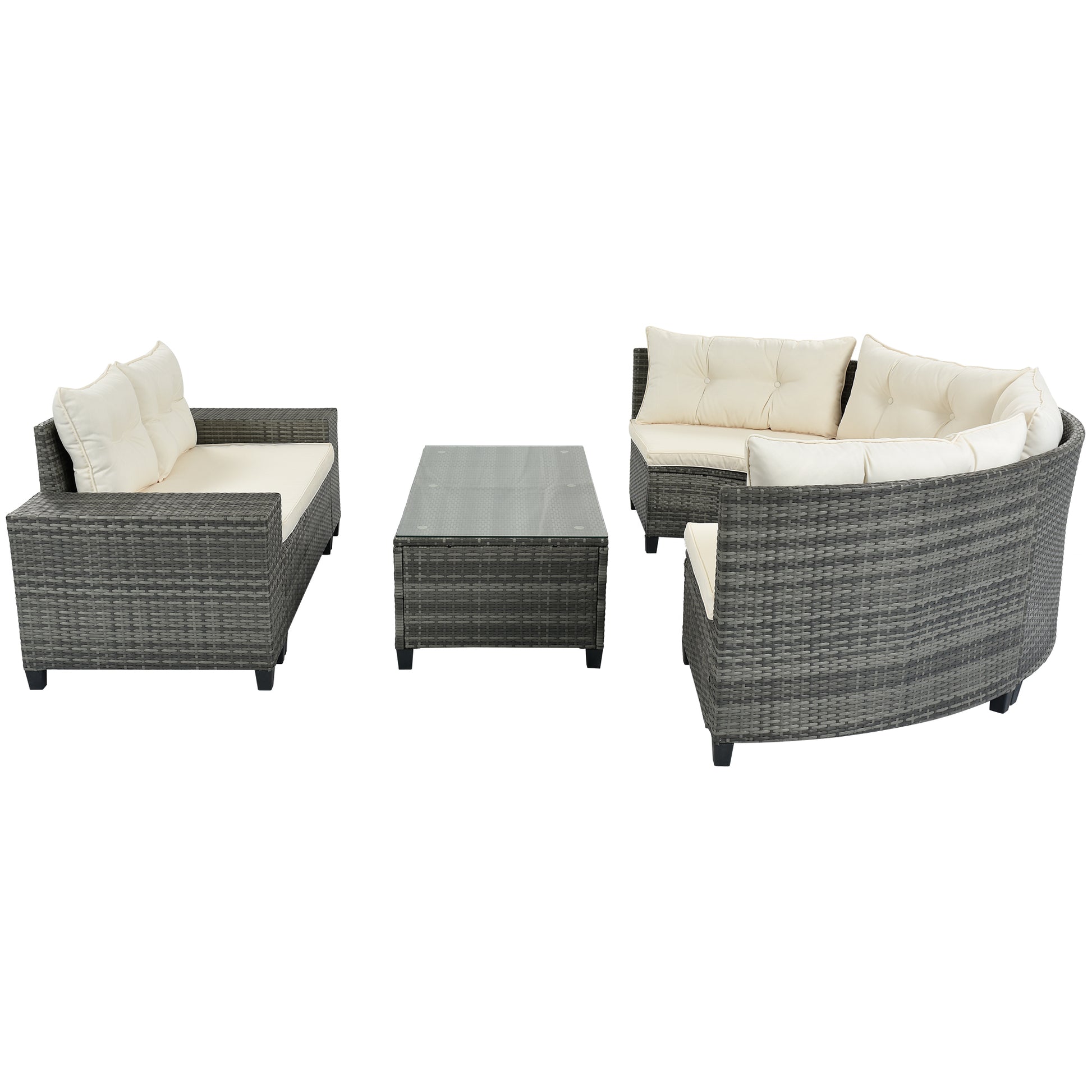 8 Pieces Outdoor Wicker Round Sofa Set, Half Moon Sectional Sets All Weather, Curved Sofa Set With Rectangular Coffee Table, Pe Rattan Water Resistant And Uv Protected, Movable Cushion, Beige Yes Complete Patio Set Beige Garden & Outdoor Wicker