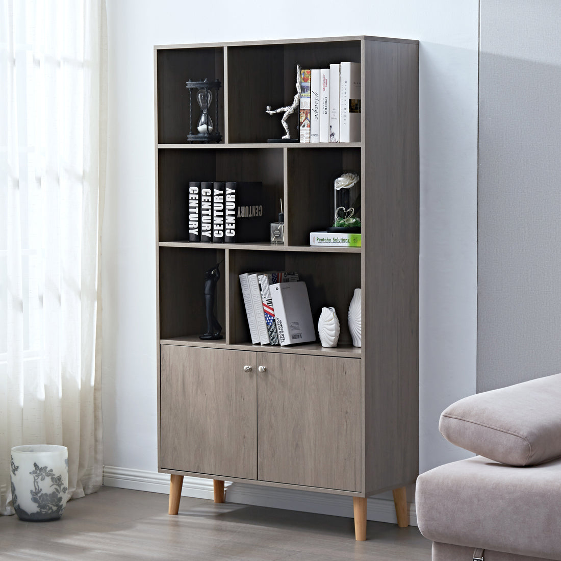 67" Bookcase With Doors, 3 Tier Bookshelf, Gray Oak Oak Mdf