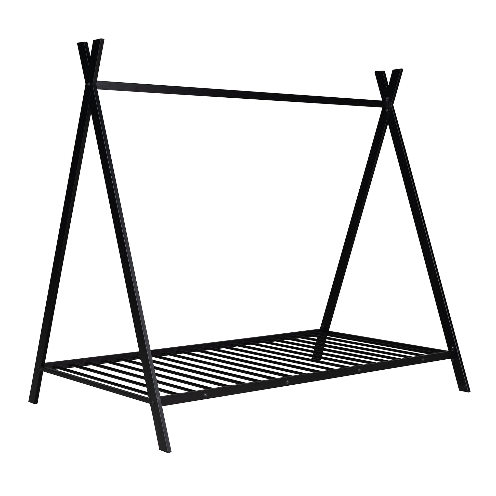 House Bed Tent Bed Frame Twin Size Metal Floor Play House Bed With Slat For Kids Girls Boysno Box Spring Needed Black Black Metal
