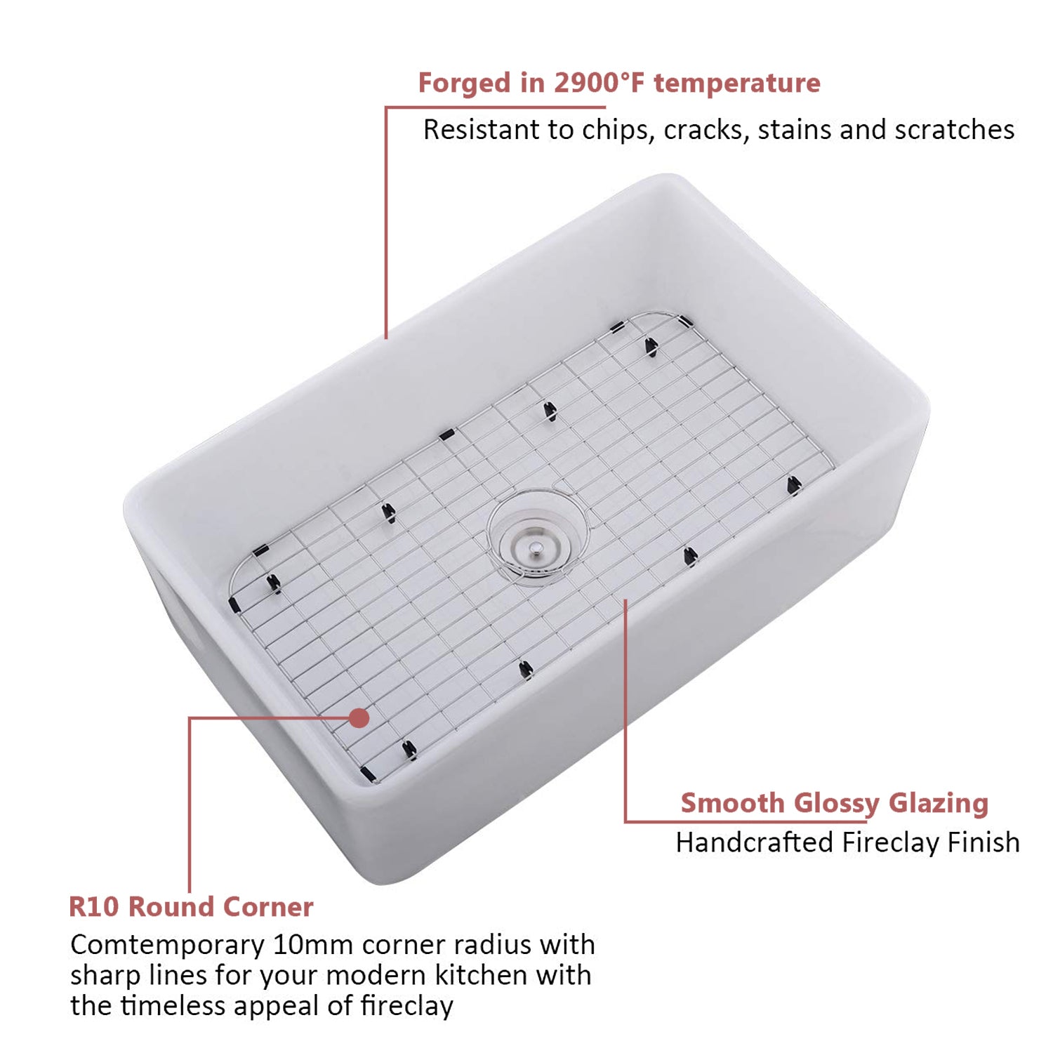 33" L X 20" W Single Basin Ceramic Farmhouse Kitchen Sink With Basket Strainer White Ceramic