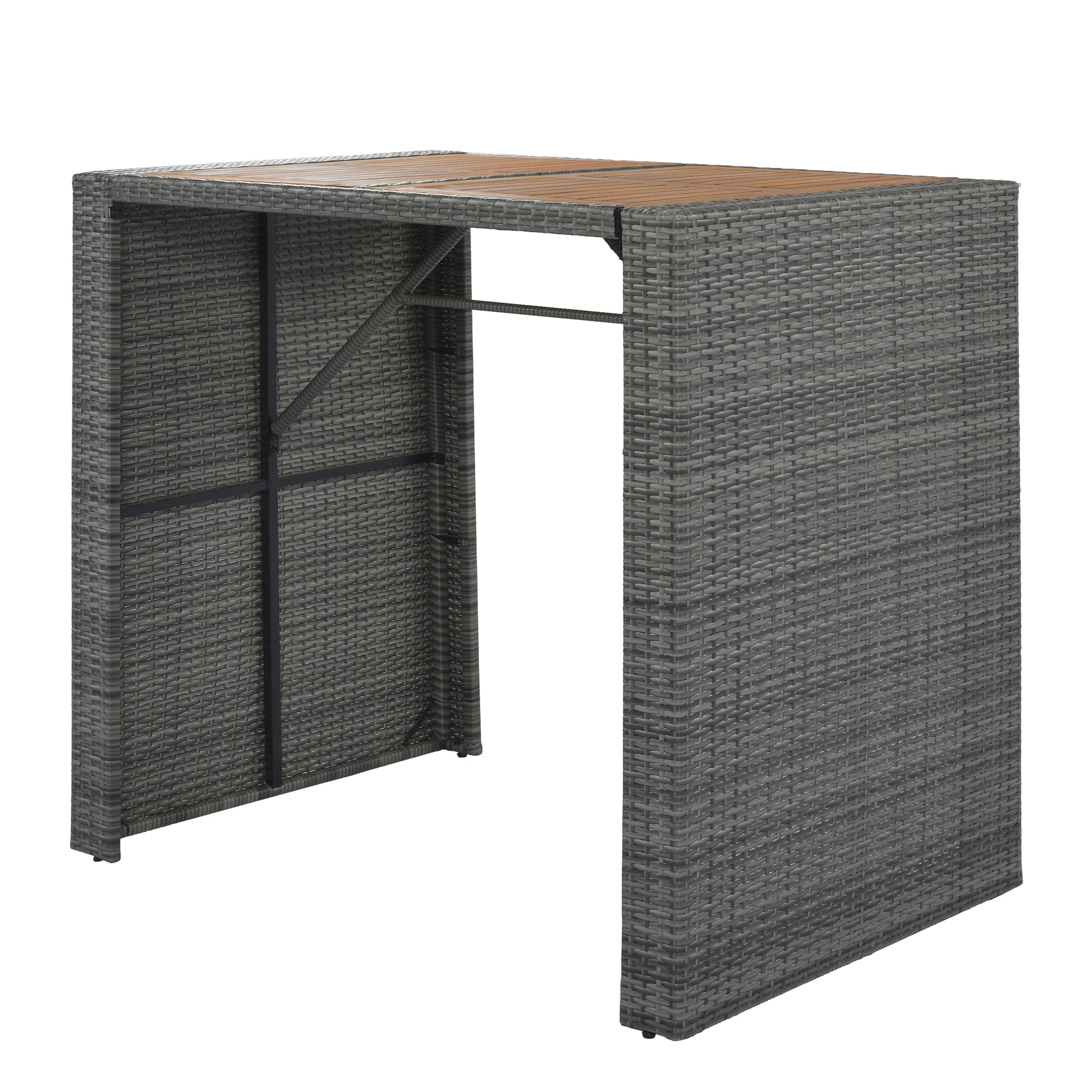 5 Pieces Outdoor Patio Wicker Bar Set, Bar Height Chairs With Non Slip Feet And Fixed Rope, Removable Cushion, Acacia Wood Table Top, Brown Wood And Gray Wicker Yes Gray Wicker