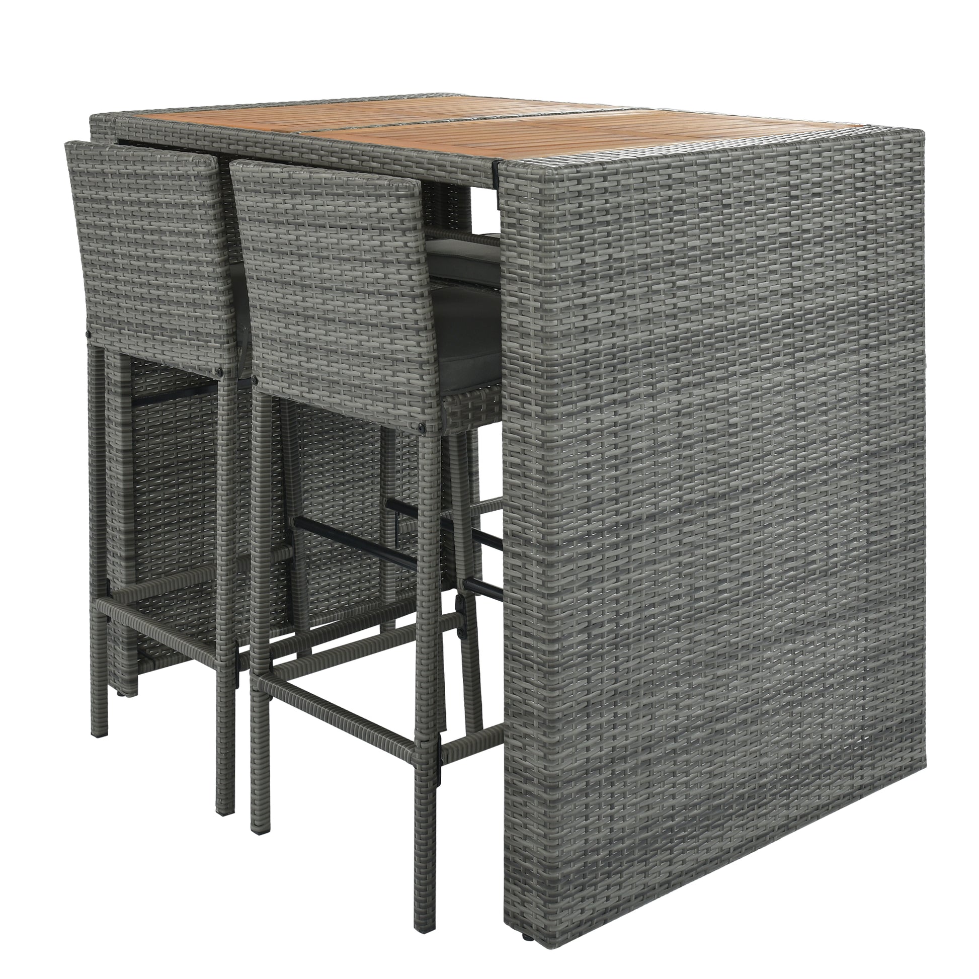 5 Pieces Outdoor Patio Wicker Bar Set, Bar Height Chairs With Non Slip Feet And Fixed Rope, Removable Cushion, Acacia Wood Table Top, Brown Wood And Gray Wicker Yes Gray Wicker