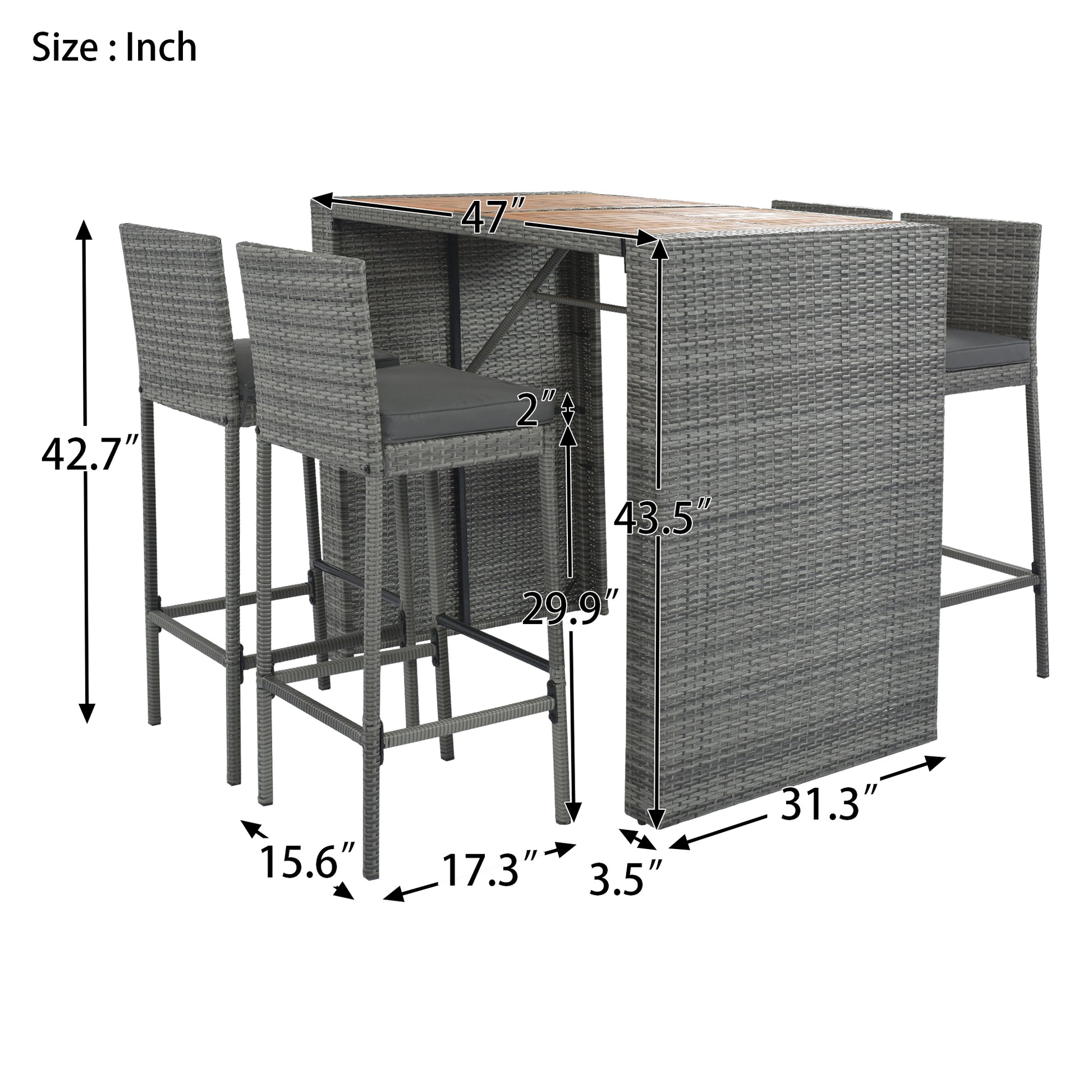 5 Pieces Outdoor Patio Wicker Bar Set, Bar Height Chairs With Non Slip Feet And Fixed Rope, Removable Cushion, Acacia Wood Table Top, Brown Wood And Gray Wicker Yes Gray Wicker