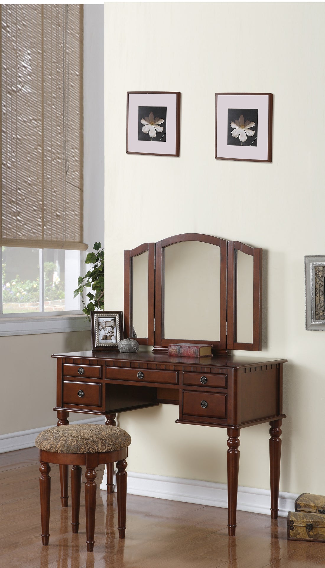 Bedroom Contemporary Vanity Set W Foldable Mirror Stool Drawers Cherry Color Cherry Brown Bedroom Classic,Contemporary,Modern Rubberwood Solid Wood