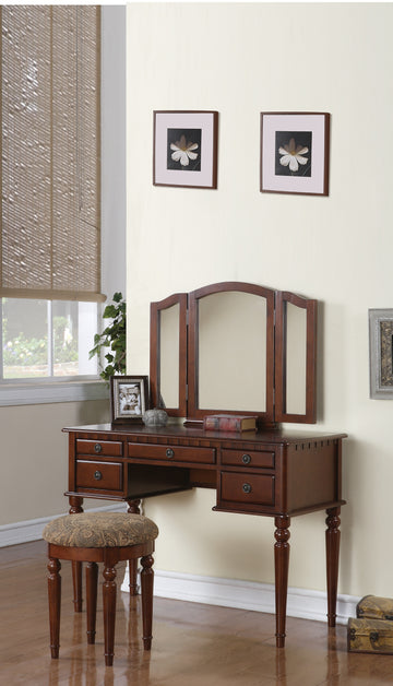 Bedroom Contemporary Vanity Set W Foldable Mirror Stool Drawers Cherry Color Cherry Brown Bedroom Classic,Contemporary,Modern Rubberwood Solid Wood