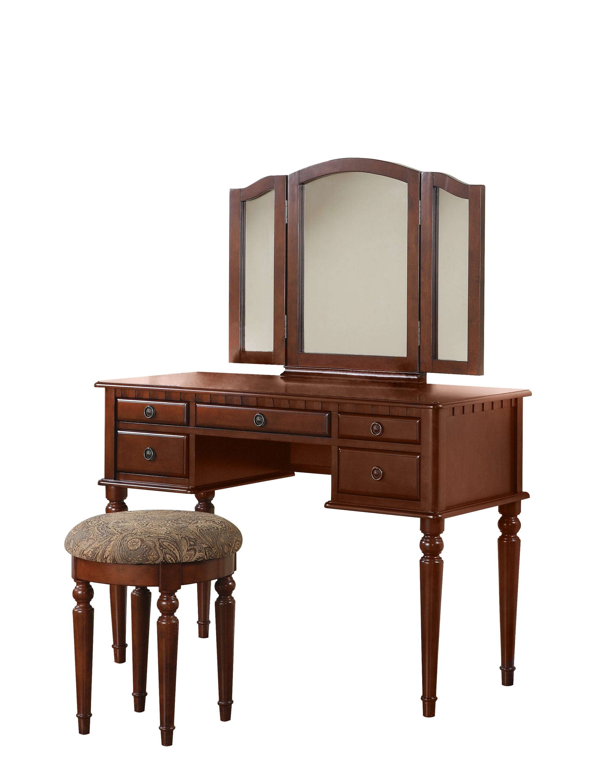 Bedroom Contemporary Vanity Set W Foldable Mirror Stool Drawers Cherry Color Cherry Brown Bedroom Classic,Contemporary,Modern Rubberwood Solid Wood