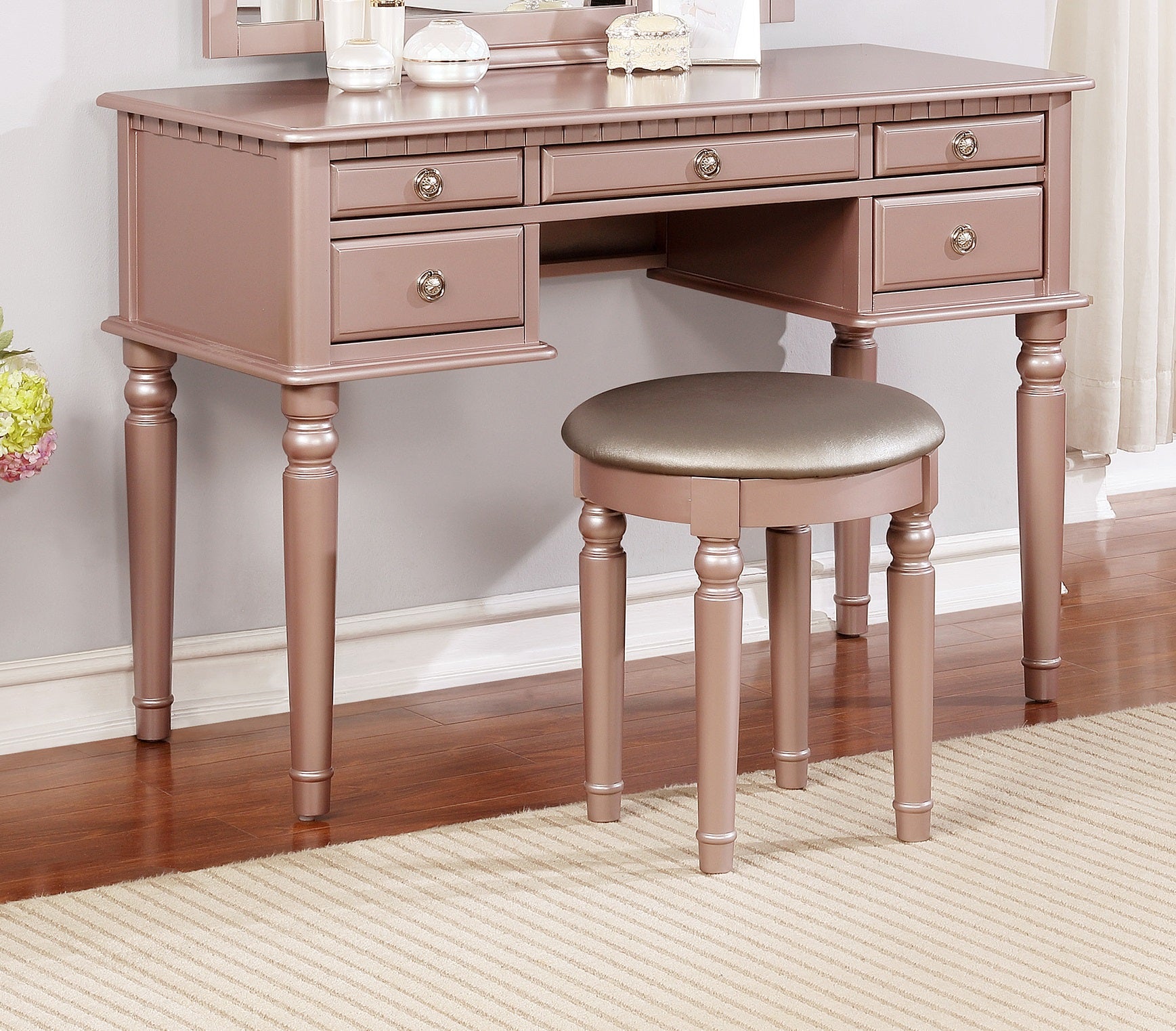 Bedroom Contemporary Vanity Set W Foldable Mirror Stool Drawers Rose Gold Color Rose Gold Vanity Stools Bedroom Round Grey Classic,Contemporary Padded Seat Rubberwood Solid Wood