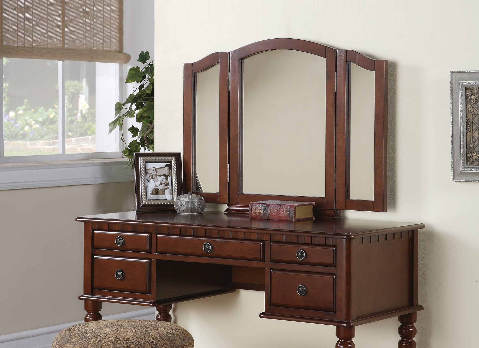 Bedroom Contemporary Vanity Set W Foldable Mirror Stool Drawers Cherry Color Cherry Brown Bedroom Classic,Contemporary,Modern Rubberwood Solid Wood