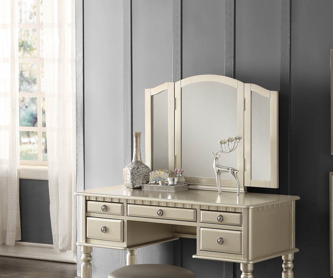 Bedroom Contemporary Vanity Set W Foldable Mirror Stool Drawers Silver Color Silver Gray Bedroom Classic,Contemporary Rubberwood Solid Wood