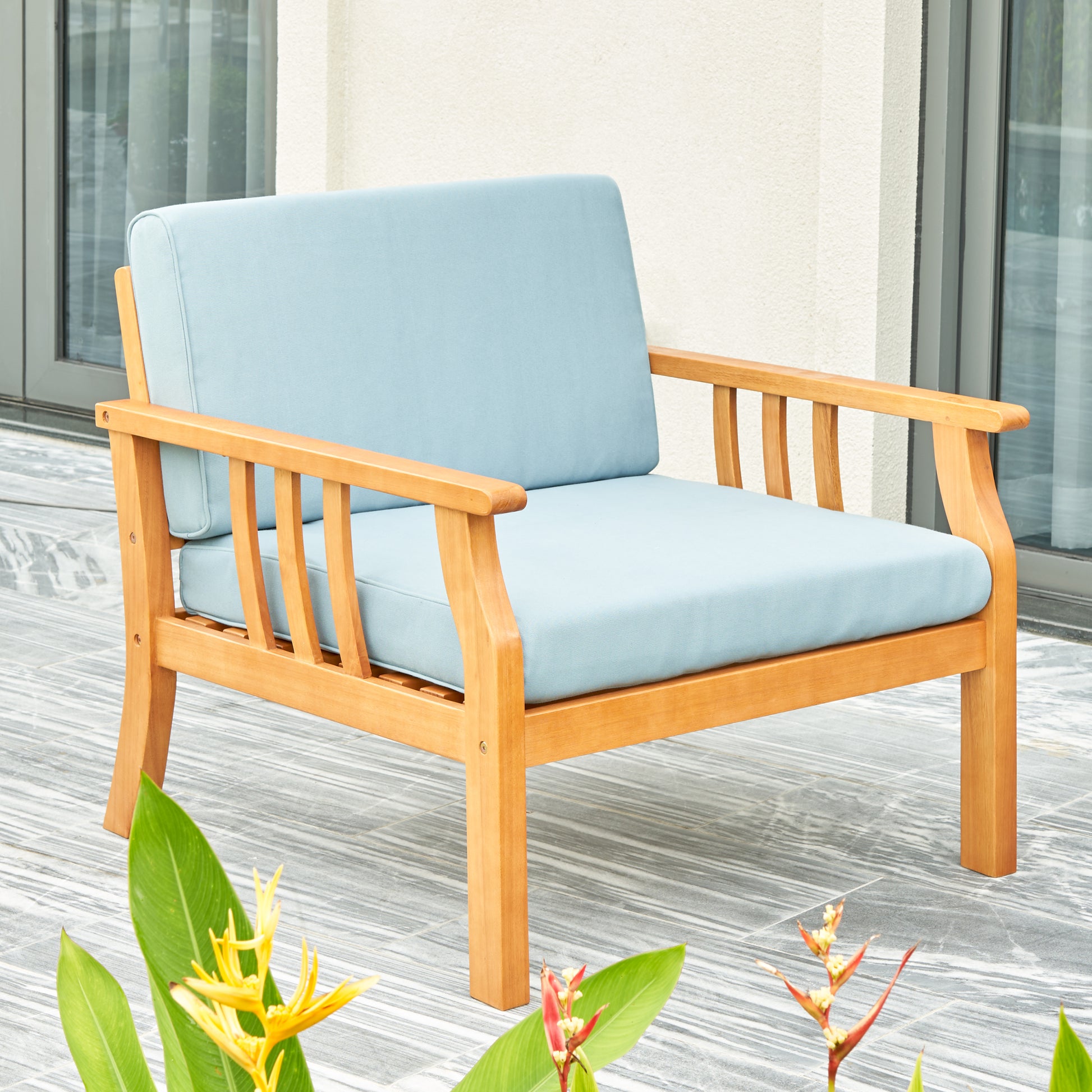 Kapalua Honey Nautical Curve Eucalyptus Wooden Outdoor Sofa Chair With Cushion Teak Solid Wood