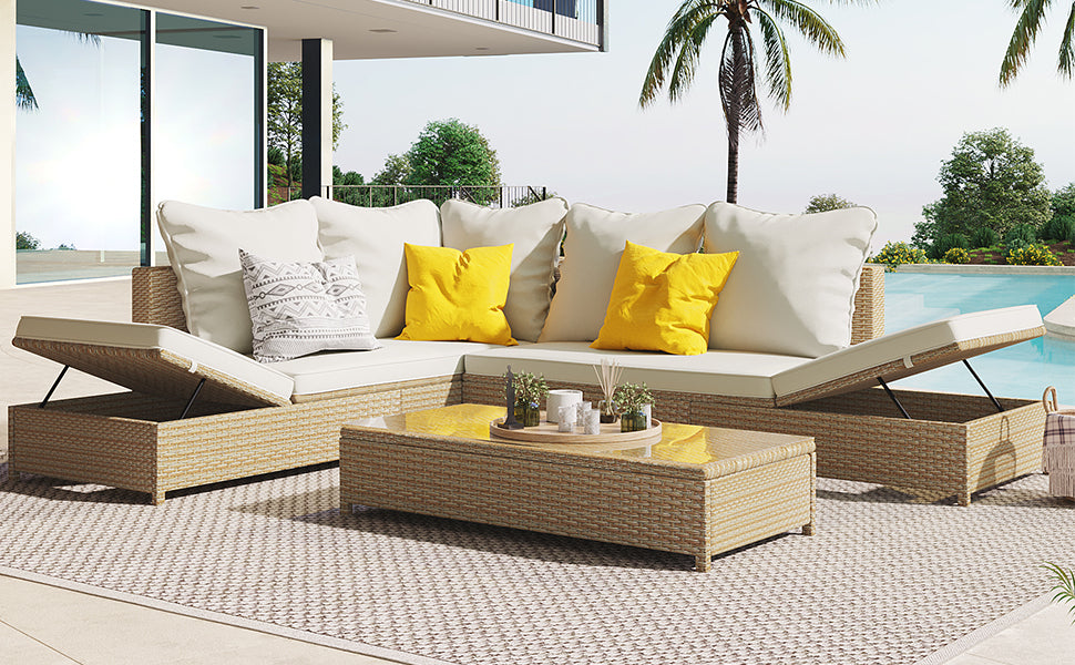 Patio 3 Piece Rattan Sofa Set All Weather Pe Wicker Sectional Set With Adjustable Chaise Lounge Frame And Tempered Glass Table, Natural Brown Yes Complete Patio Set Natural Water Resistant Frame Water Resistant Cushion Garden & Outdoor Casual Sofa