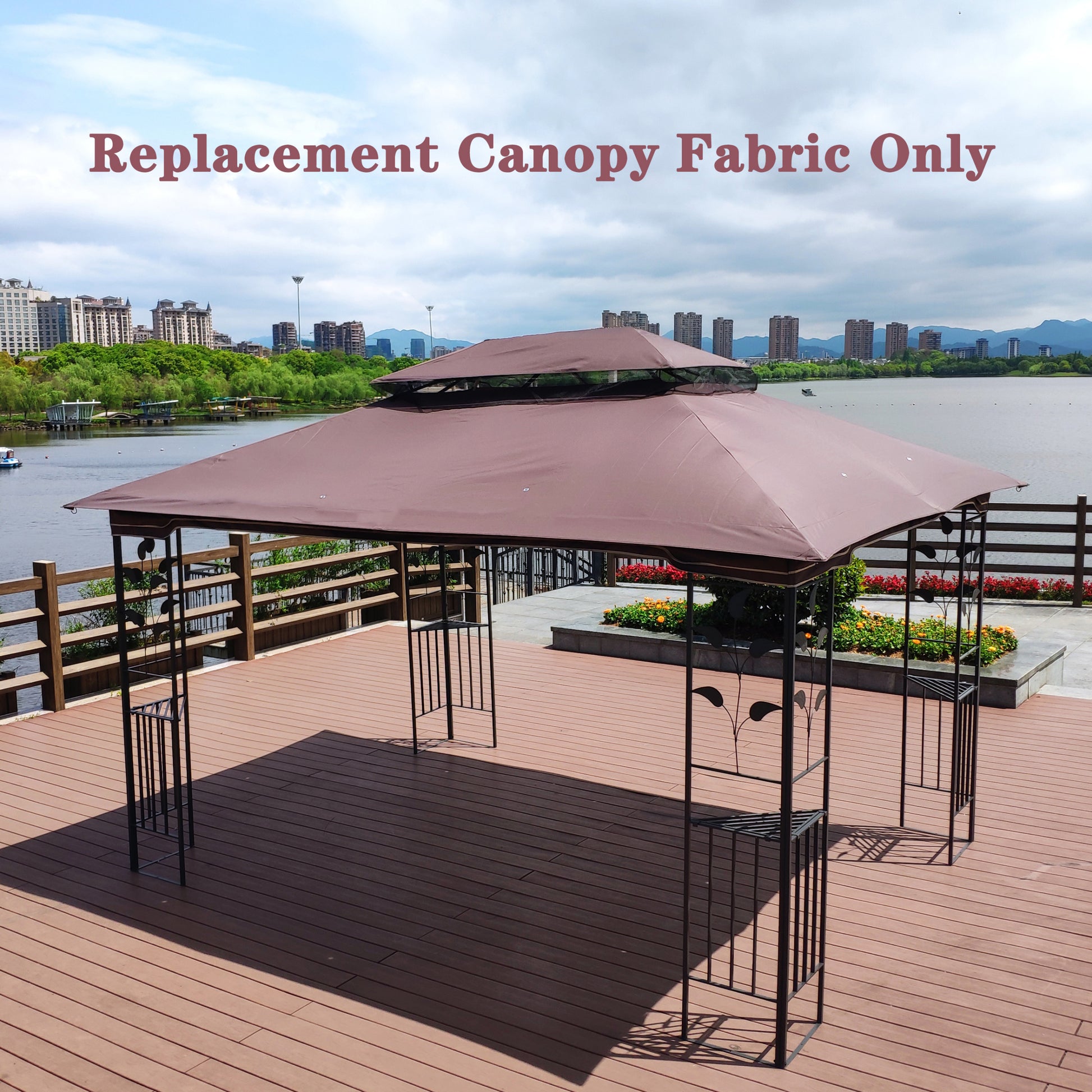 13X10 Ft Patio Double Roof Gazebo Replacement Canopy Top Fabric,Brown Brown Polyester