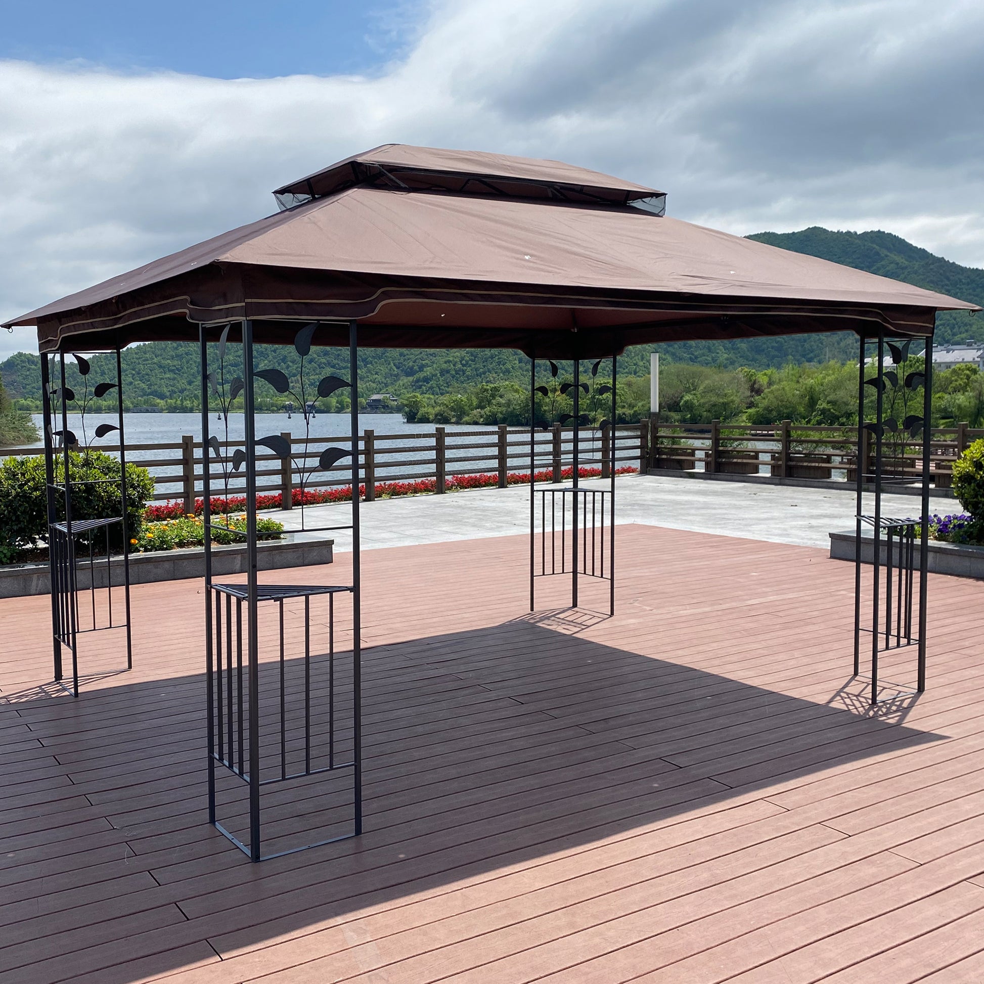 13X10 Outdoor Patio Gazebo Canopy Tent With Ventilated Double Roof And Mosquito Net Detachable Mesh Screen On All Sides ,Suitable For Lawn, Garden, Backyard And Deck,Brown Top Brown Metal