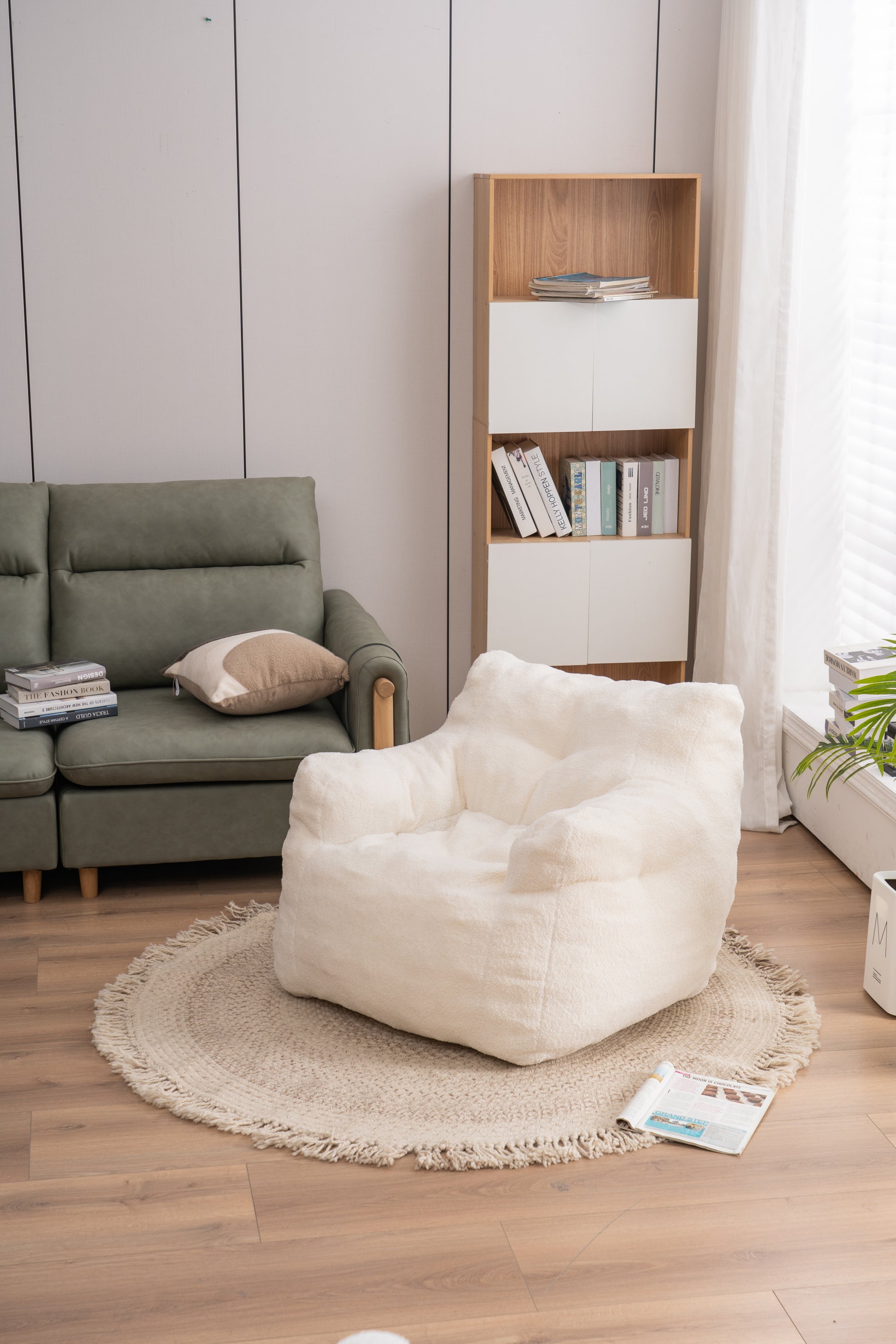 010 Soft Teddy Fabric Tufted Foam Bean Bag Chair With Teddy Fabric Ivory White Ivory Primary Living Space Soft Modern Foam Teddy