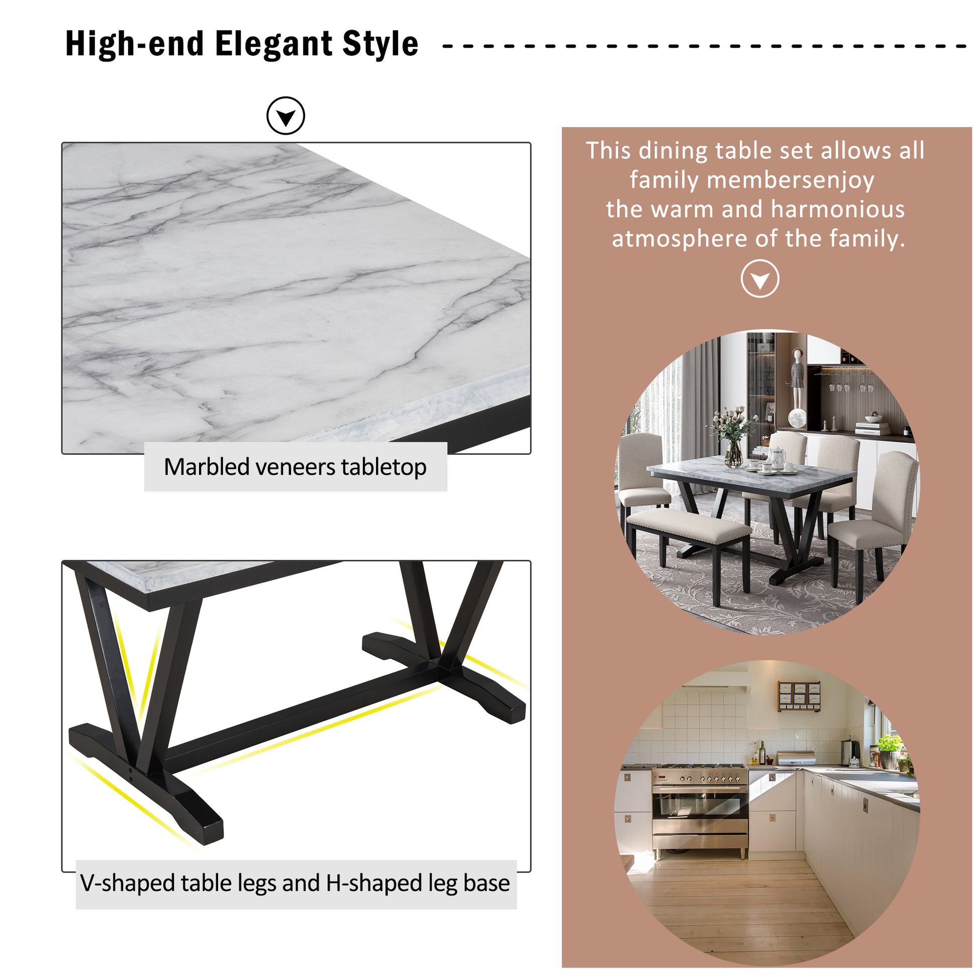 Modern Style 6 Piece Dining Table With 4 Chairs & 1 Bench, Table With Marbled Veneers Tabletop And V Shaped Table Legs White White Solid Wood