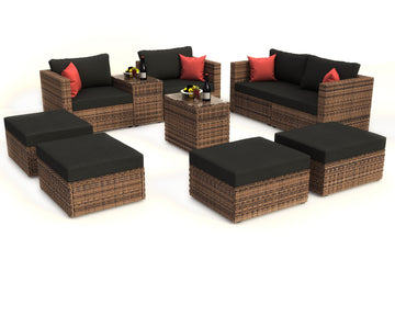 10 Pieces Outdoor Patio Garden Brown Wicker Sectional Conversation Sofa Set With Black Cushions And Red Pillows,W Furniture Protection Cover Yes Brown Seats 8 Mildew Resistant Frame Garden & Outdoor American Design Sectional Seating Groups Wicker Metal