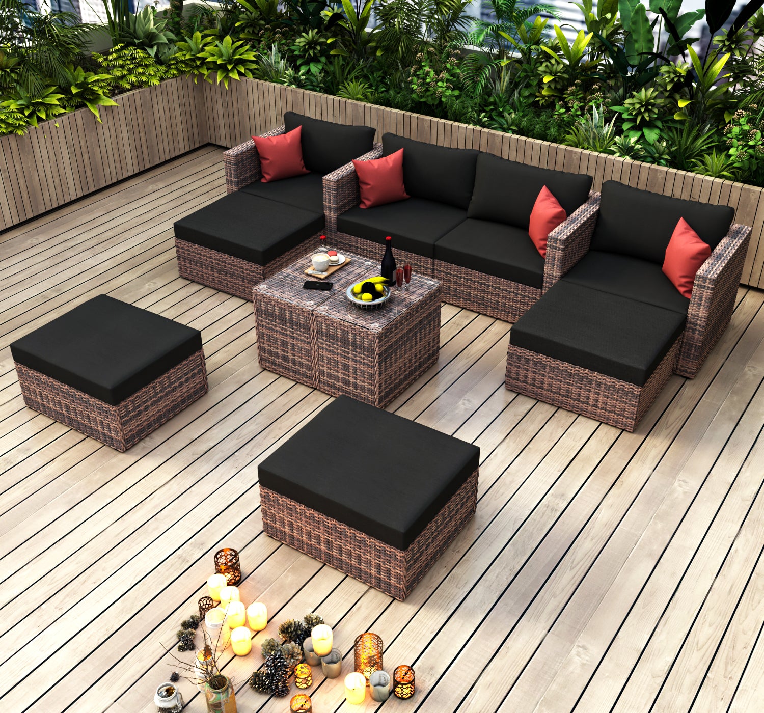 10 Pieces Outdoor Patio Garden Brown Wicker Sectional Conversation Sofa Set With Black Cushions And Red Pillows,W Furniture Protection Cover Yes Brown Seats 8 Mildew Resistant Frame Garden & Outdoor American Design Sectional Seating Groups Wicker Metal