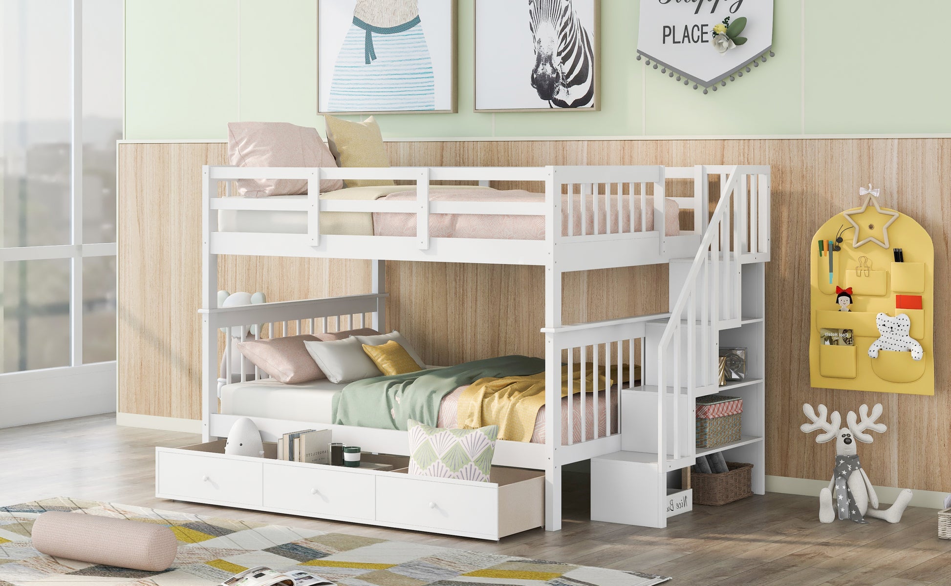 Stairway Full Over Full Bunk Bed With Drawer, Storage And Guard Rail For Bedroom, White Old Sku: Lp000310Aak White Solid Wood