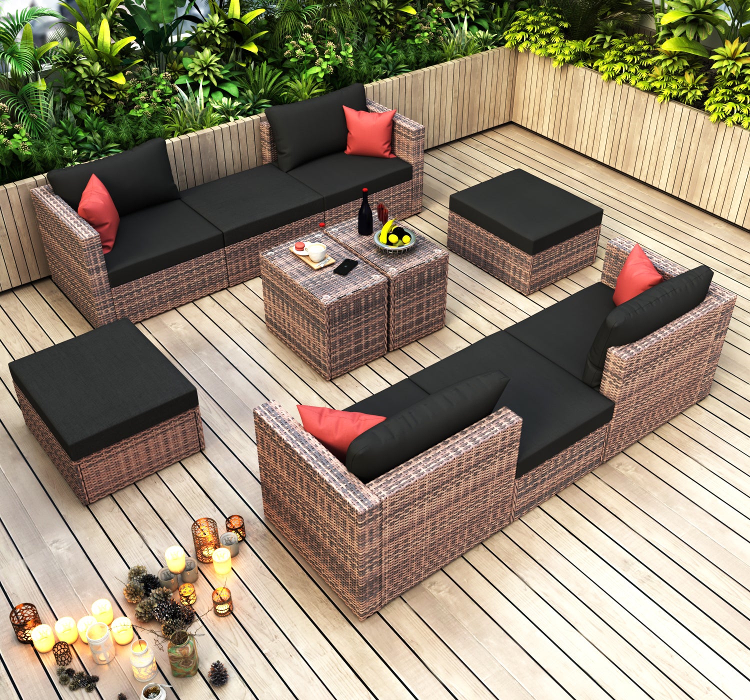 10 Pieces Outdoor Patio Garden Brown Wicker Sectional Conversation Sofa Set With Black Cushions And Red Pillows,W Furniture Protection Cover Yes Brown Seats 8 Mildew Resistant Frame Garden & Outdoor American Design Sectional Seating Groups Wicker Metal