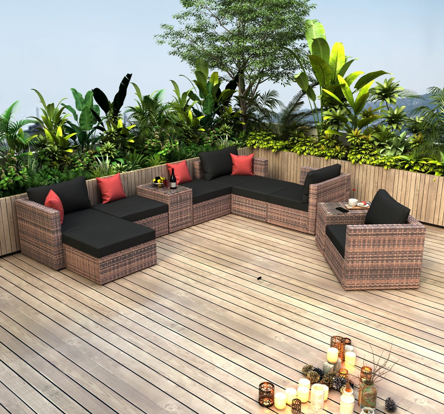 10 Pieces Outdoor Patio Garden Brown Wicker Sectional Conversation Sofa Set With Black Cushions And Red Pillows,W Furniture Protection Cover Yes Brown Seats 8 Mildew Resistant Frame Garden & Outdoor American Design Sectional Seating Groups Wicker Metal