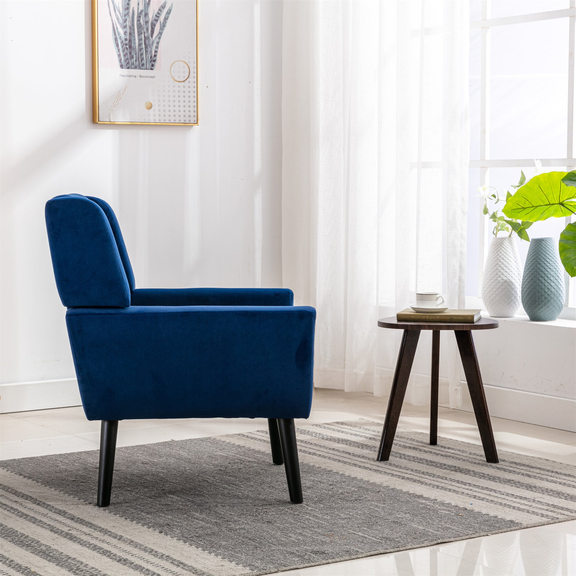 Modern Soft Velvet Material Ergonomics Accent Chair Living Room Chair Bedroom Chair Home Chair With Black Legs For Indoor Home Blue Foam Upholstered