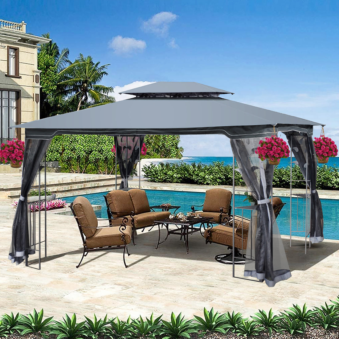 13X10 Outdoor Patio Gazebo Canopy Tent With Ventilated Double Roof And Mosquito Net Detachable Mesh Screen On All Sides ,Suitable For Lawn, Garden, Backyard And Deck,Gray Top Gray Metal