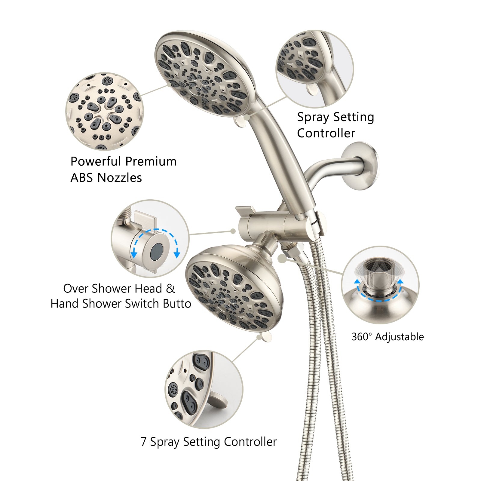 Shower System With Tub Spout Rain Shower Tub Set, High Pressure Dual 2 In 1 Shower Combo Faucet With Valve Brushed Nickel Abs