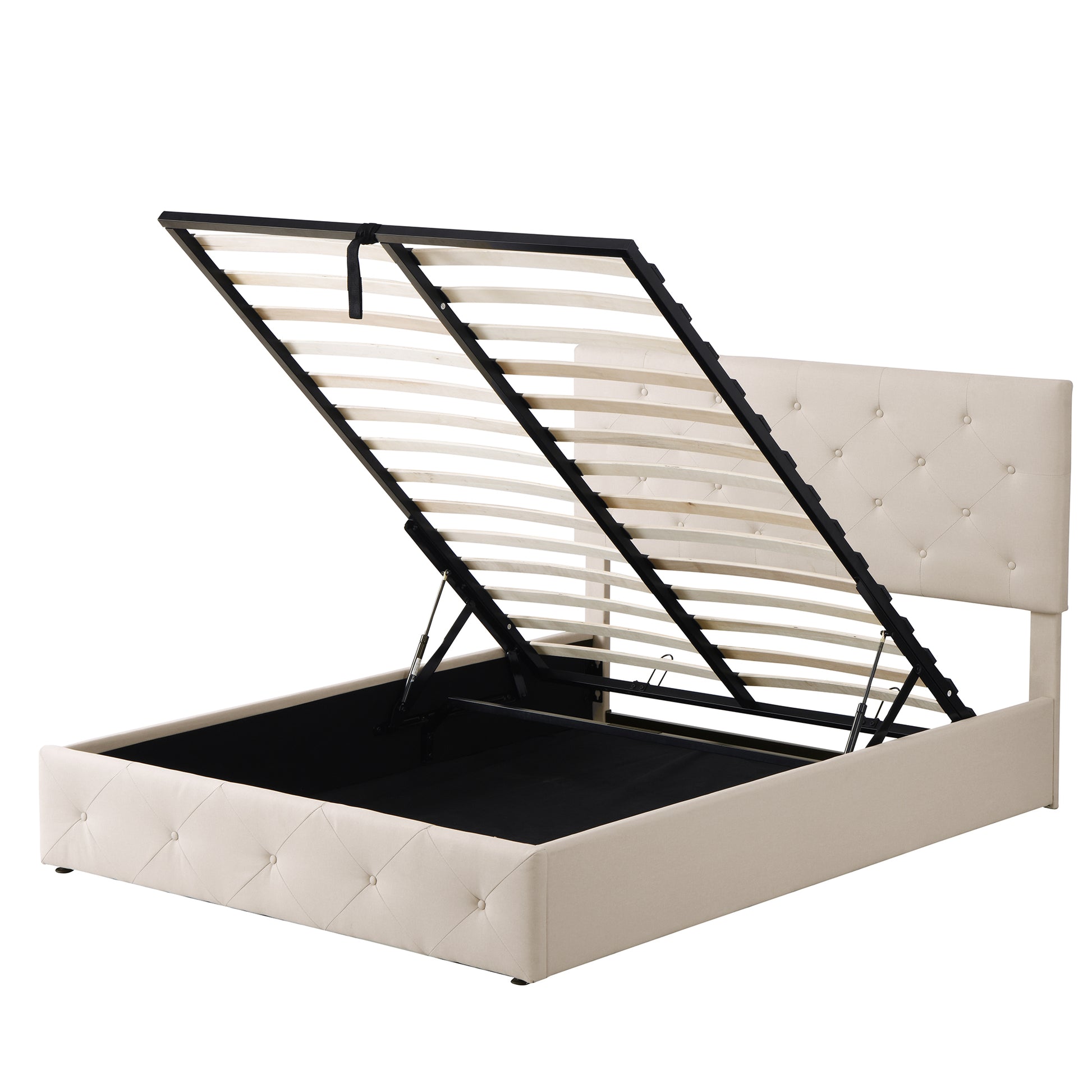 Queen Size Upholstered Platform Bed With A Hydraulic Storage System Beige Beige Upholstered
