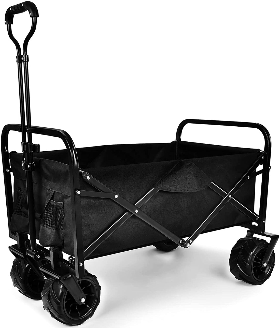 Yssoa Heavy Duty Folding Portable Cart Wagon With 7'' Widened All Terrain Wheels Prevent To Sinking In The Sand, Adjustable Handles And Double Fabric For Shopping, Park, Beach, Camping, Black Black