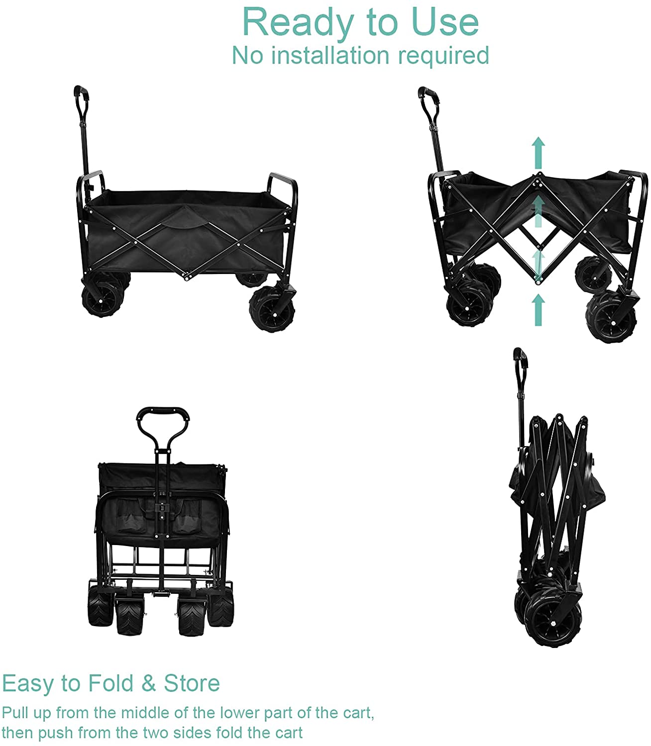 Yssoa Heavy Duty Folding Portable Cart Wagon With 7'' Widened All Terrain Wheels Prevent To Sinking In The Sand, Adjustable Handles And Double Fabric For Shopping, Park, Beach, Camping, Black Black