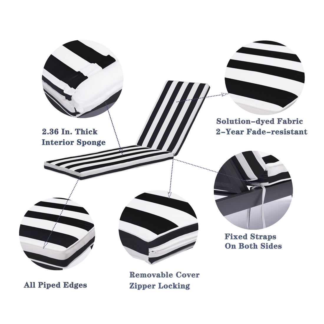 1Pcsoutdoor Lounge Chair Cushion Replacement Patio Funiture Seat Cushion Chaise Lounge Cushion Black White Stripe Black White Polyester