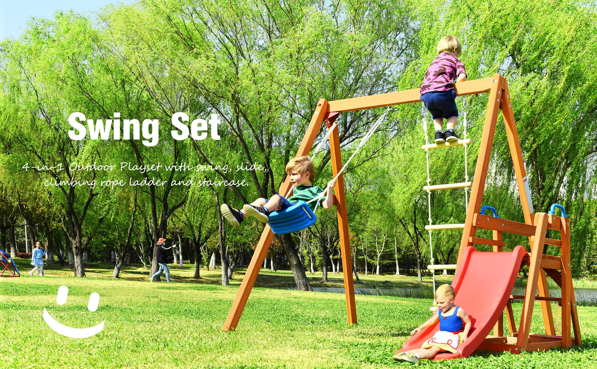 Wooden Swing Set With Slide, Outdoor Playset Backyard Activity Playground Climb Swing Outdoor Play Structure For Toddlers, Ready To Assemble Wooden Swing N Slide Set Kids Climbers Natural Solid Wood