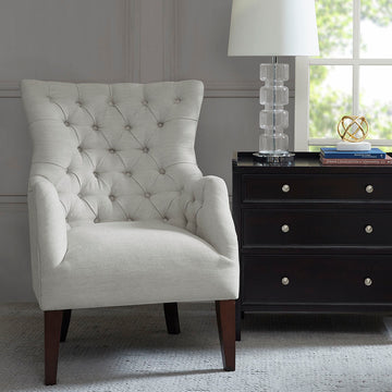 Hannah Button Tufted Wing Chair Ivory Solid Wood