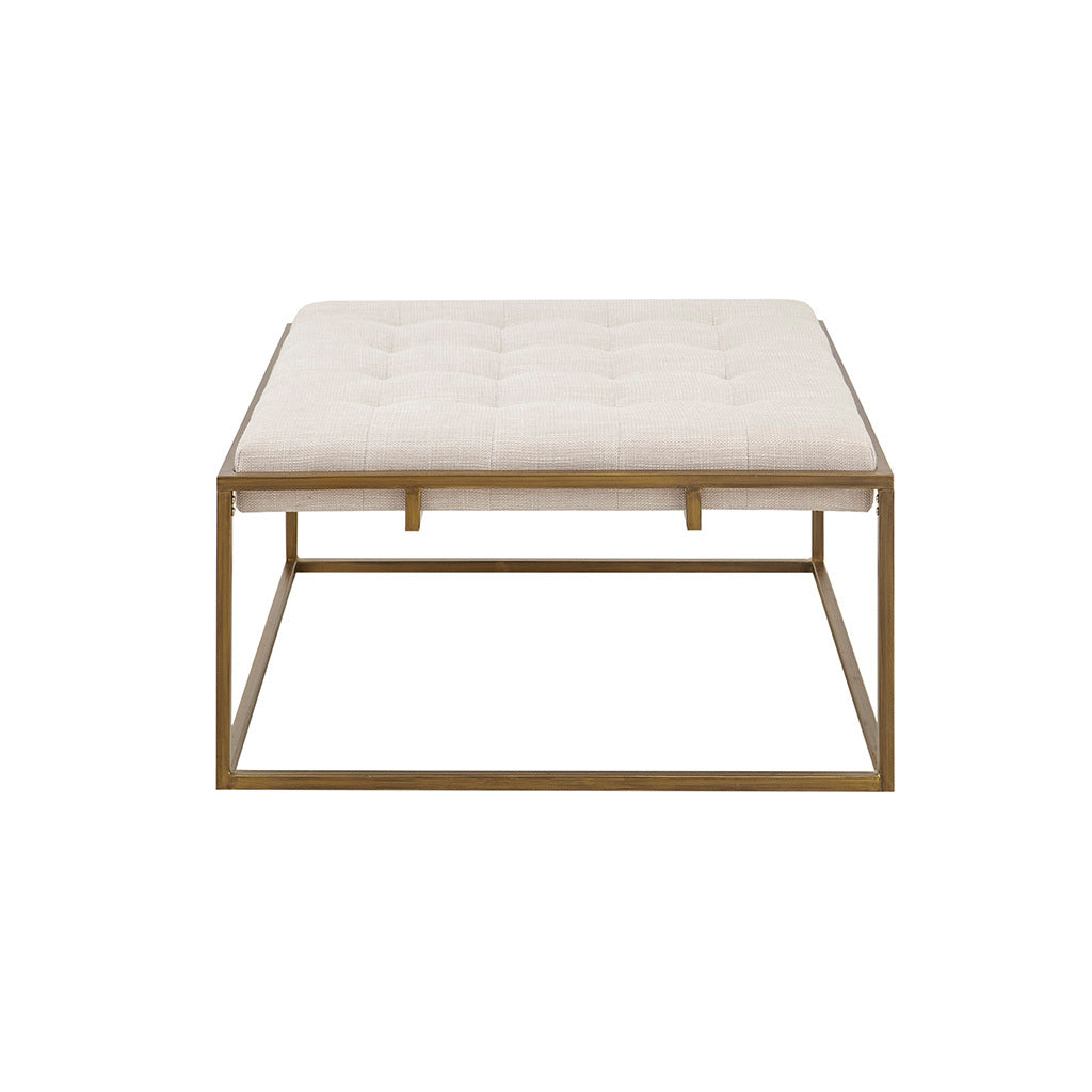 Square Shape Button Tufted Upholstered Metal Base Ottoman Coffee Table Ivory Polyester