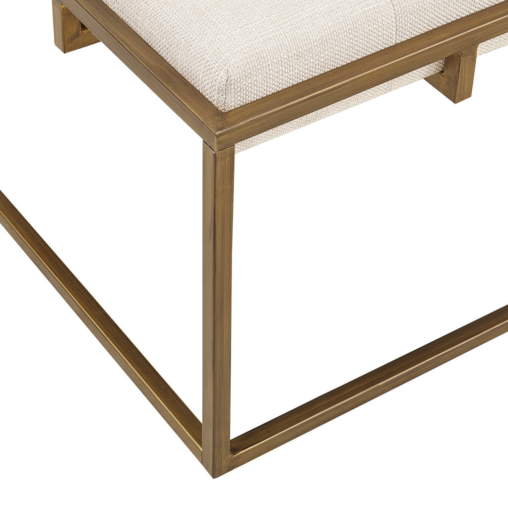 Square Shape Button Tufted Upholstered Metal Base Ottoman Coffee Table Ivory Polyester