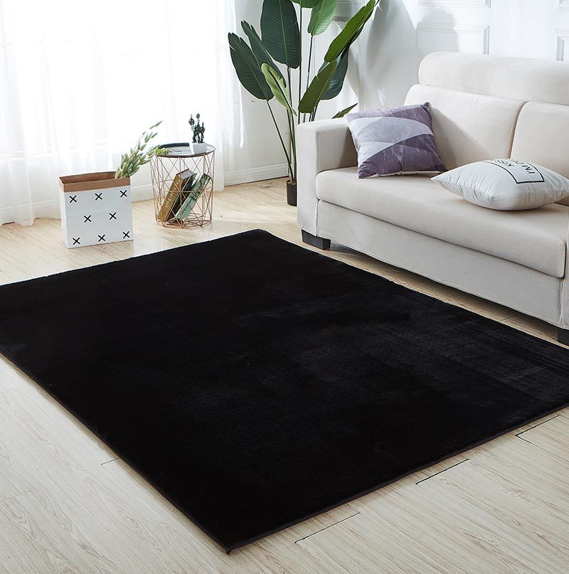 Lily Luxury Chinchilla Faux Fur Rectangular Area Rug Black Polyester