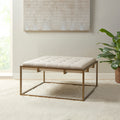 Square Shape Button Tufted Upholstered Metal Base Ottoman Coffee Table Ivory Polyester