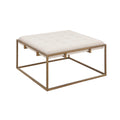 Square Shape Button Tufted Upholstered Metal Base Ottoman Coffee Table Ivory Polyester