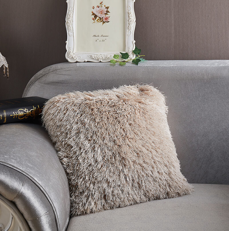 "Decorative" Shaggy Pillow With Lurex 18 In X 18 In Beige Polyester