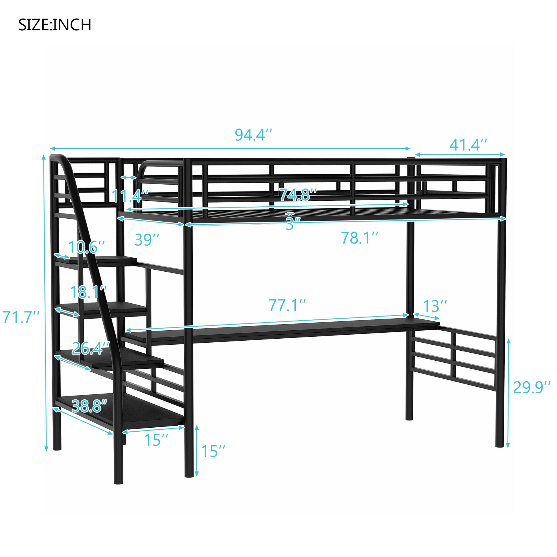 Metal Loft Bed Frame With Desk, No Box Spring Needed,Twin ,Black Twin Black Metal