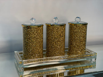 Ambrose Exquisite Three Glass Canister With Tray In Gift Box Gold Glass