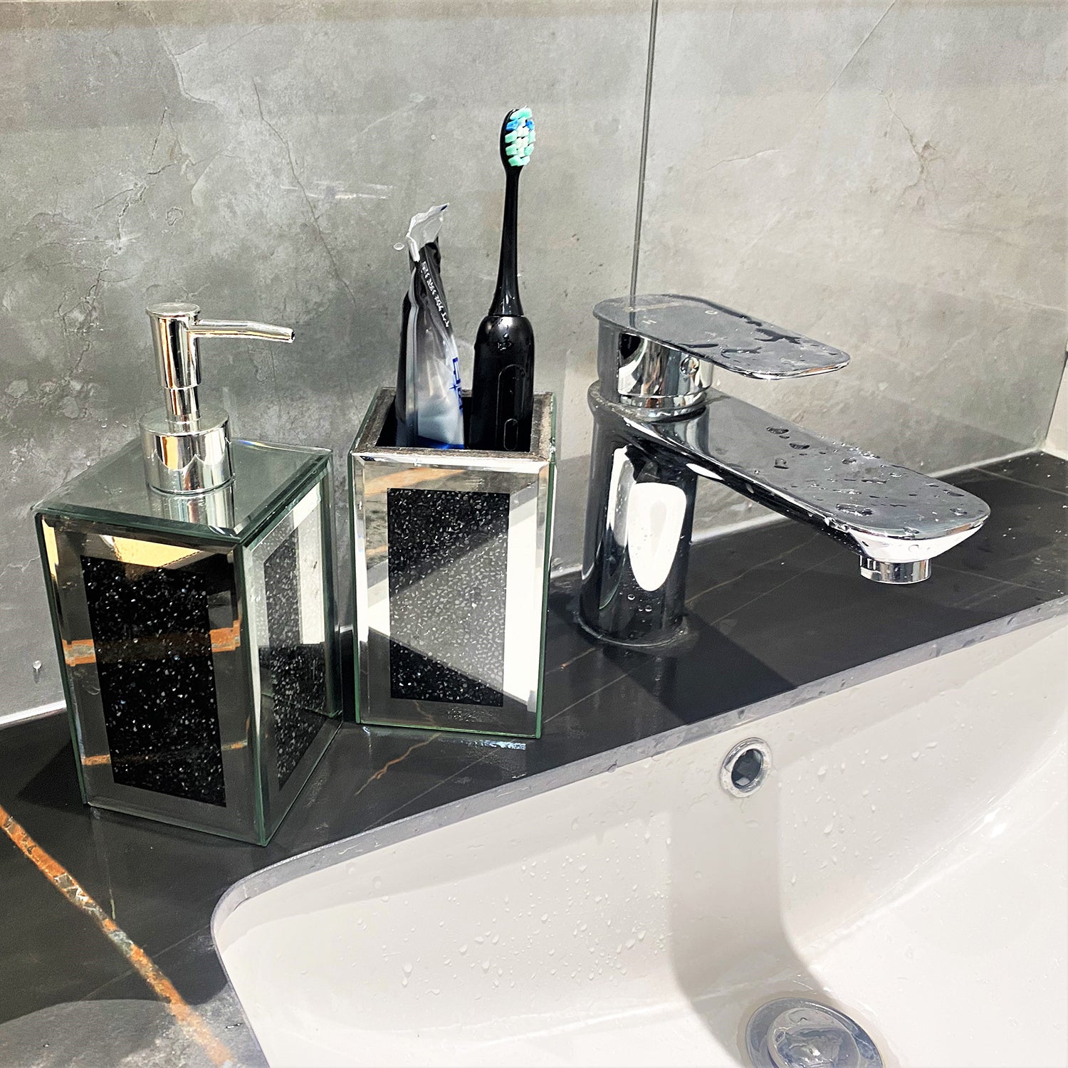 Ambrose Exquisite 2 Piece Square Soap Dispenser And Toothbrush Holder Black Glass