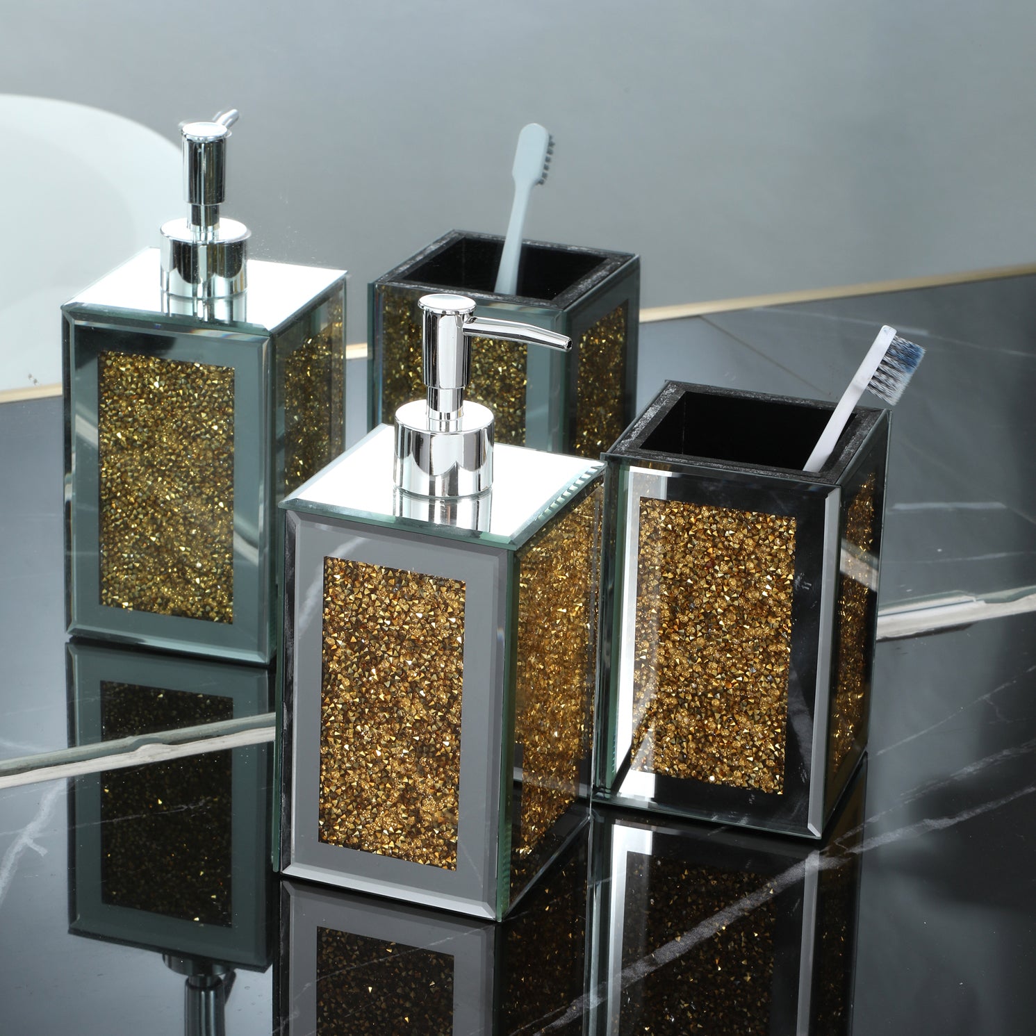 Ambrose Exquisite 2 Piece Square Soap Dispenser And Toothbrush Holder Gold Glass