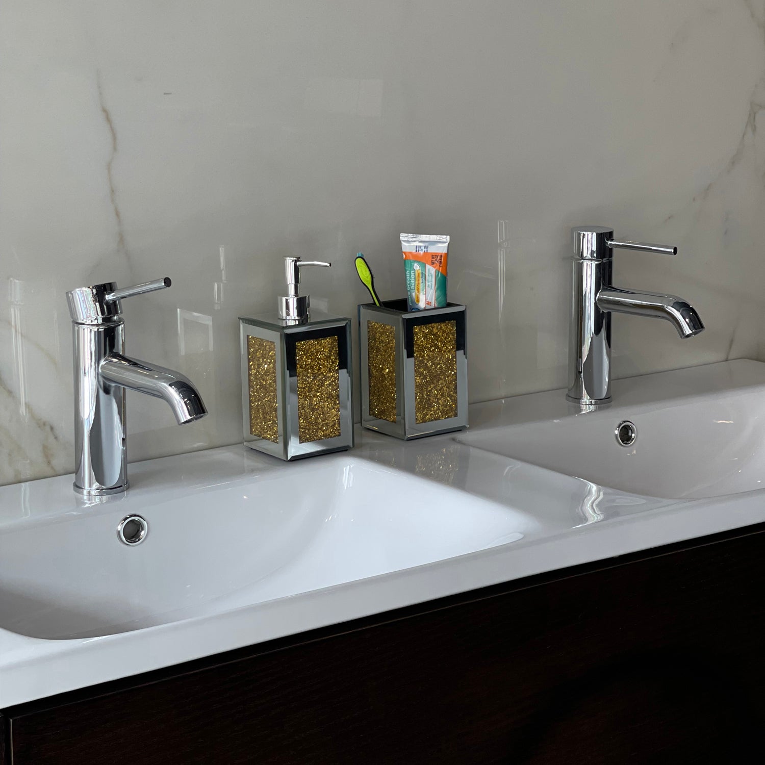 Ambrose Exquisite 2 Piece Square Soap Dispenser And Toothbrush Holder Gold Glass